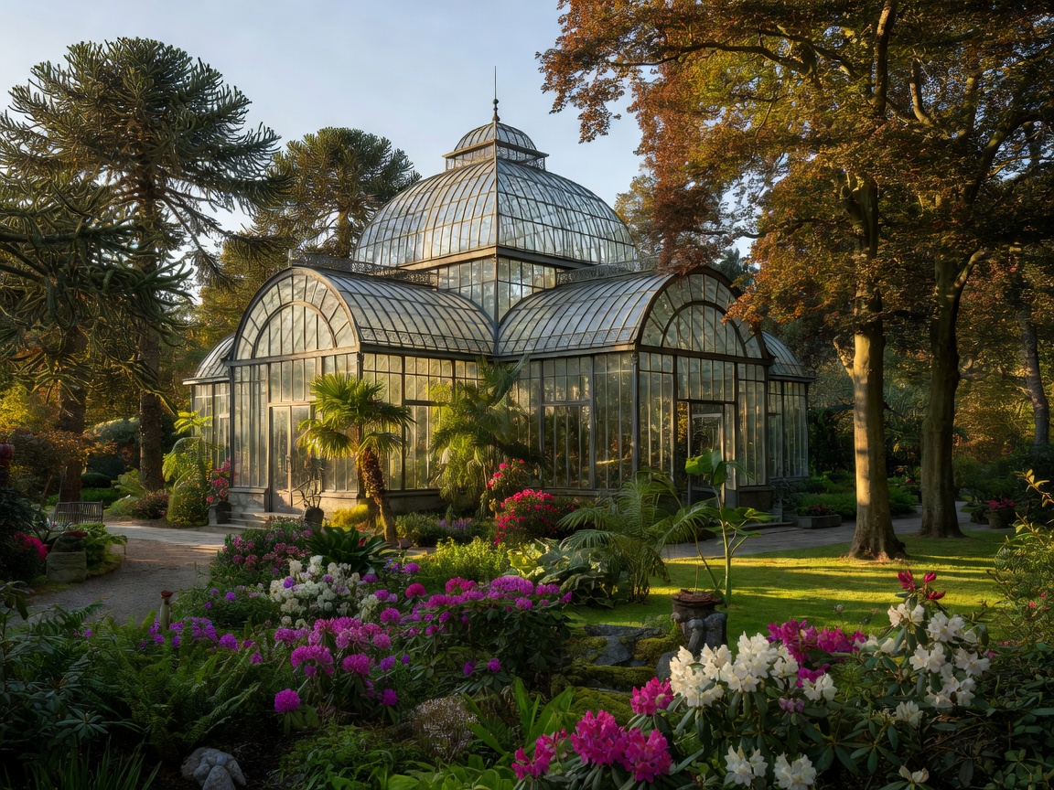 Large glass pavilion among botanical collections at Berlin-Dahlem