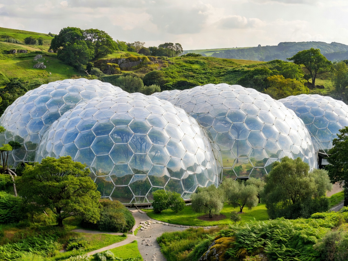 Hexagonal biome structures set within the Eden Project landscape