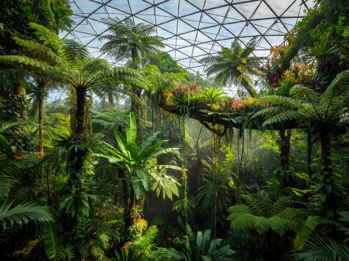Tropical canopy beneath the hexagonal roof of the Eden Project Rainforest Biome