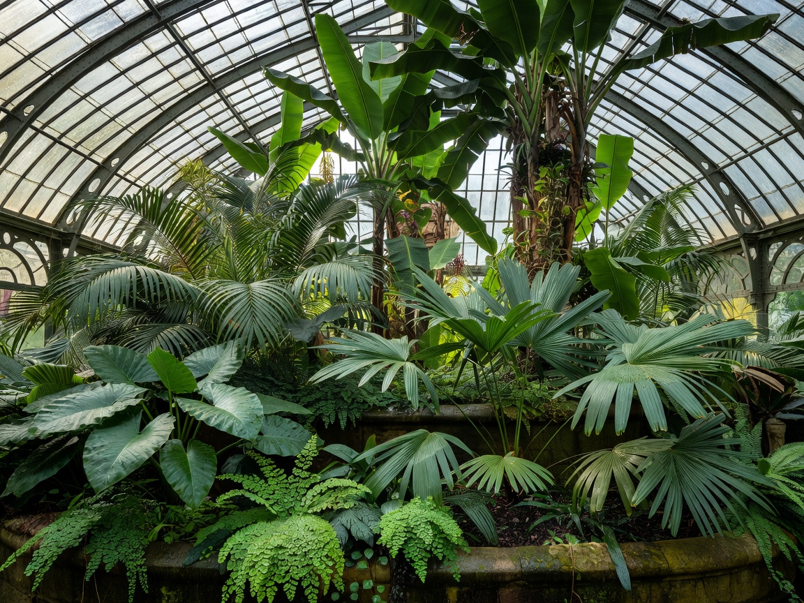 Layered tropical planting beneath the roof of a European botanical glasshouse