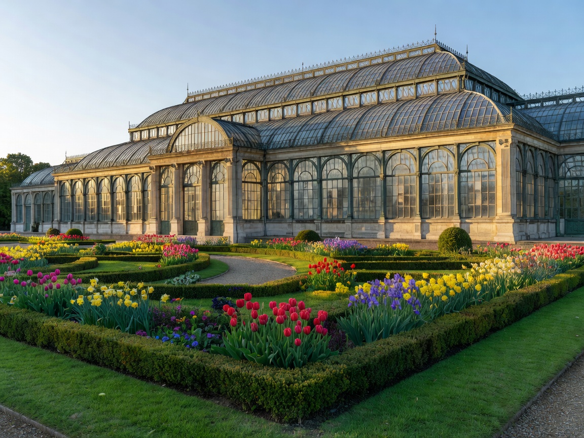 Historic glasshouses and formal planting at the Jardin des Plantes in Paris