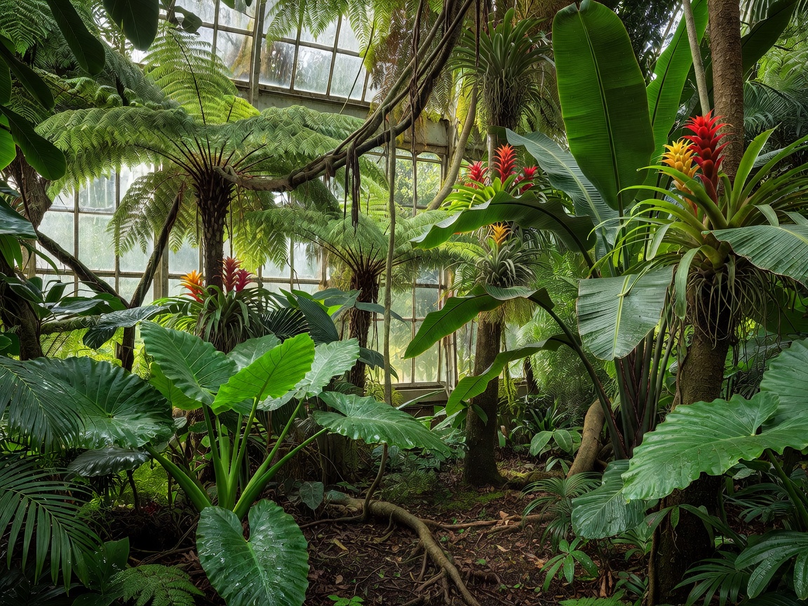 Dense tropical planting inside a glasshouse at the Jardin des Plantes