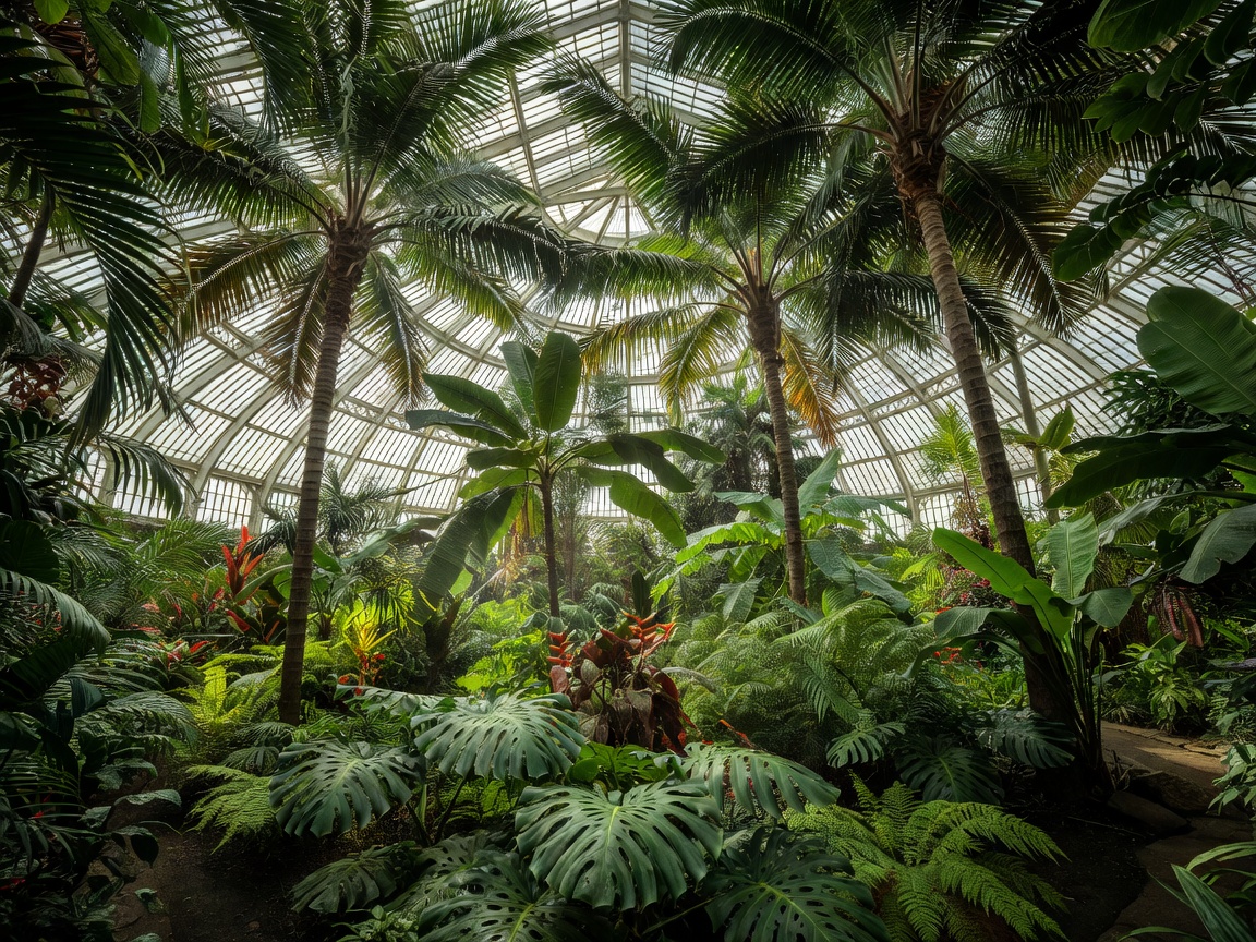 Tropical palms and foliage beneath the curved roof of Kew’s Palm House